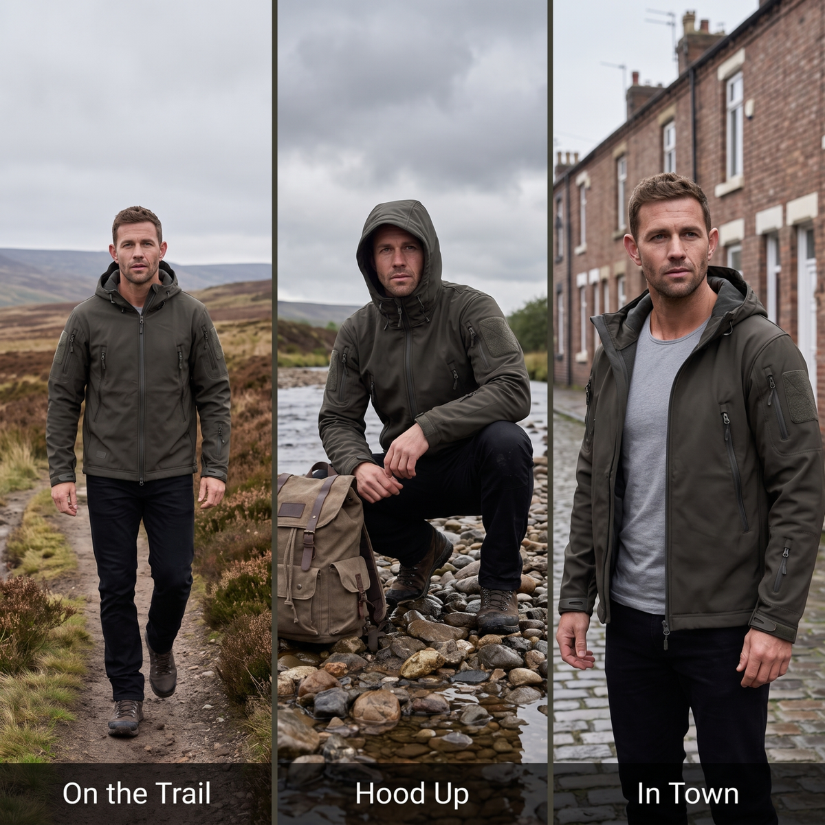 Herren Softshelljacke – Fleece-gefüttert, Kapuze, Militärstil