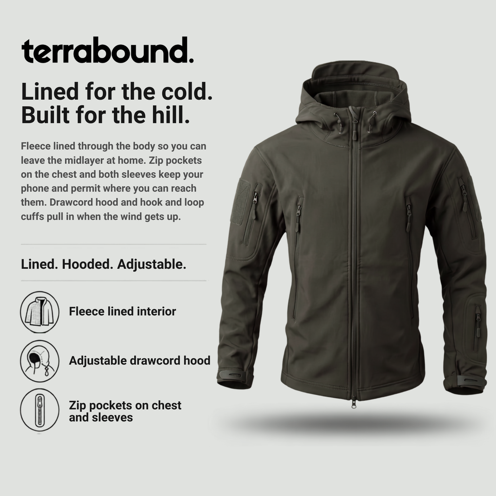 Herren Softshelljacke – Fleece-gefüttert, Kapuze, Militärstil