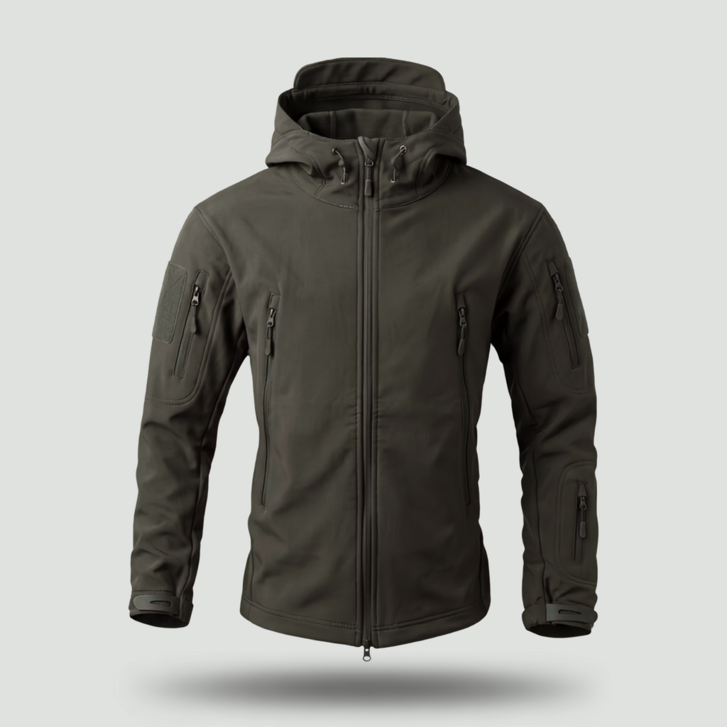 Herren Softshelljacke – Fleece-gefüttert, Kapuze, Militärstil