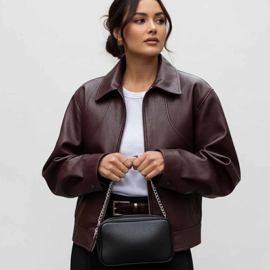 Damen Cropped Kunstlederjacke – Vintage Zip-Up Biker-Stil
