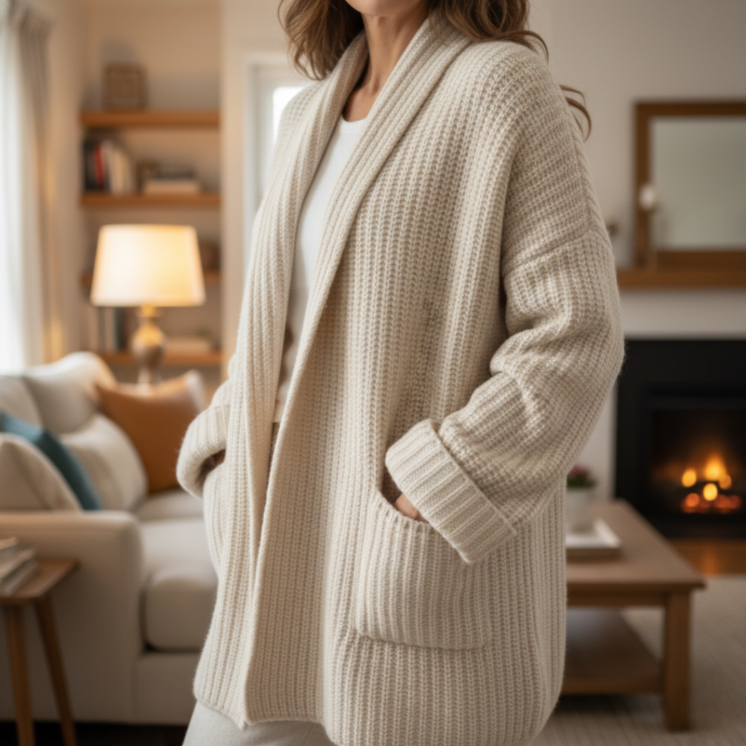 Pullover-Strickjacke lang mit elegantem Schnitt & offener Front – CozyCharm Cardigan