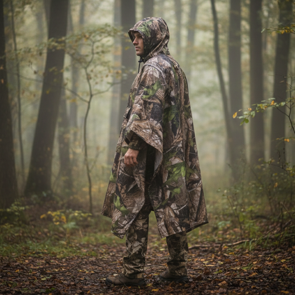 Camouflage-Regenponcho mit Kapuze – wasserabweisend