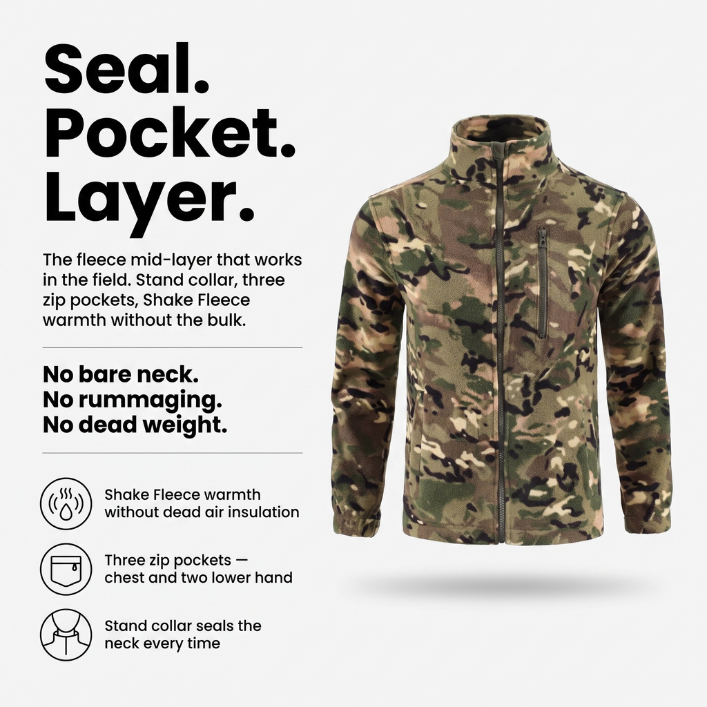 Herren Camo-Fleecejacke – durchgehender Reißverschluss, Stehkragen