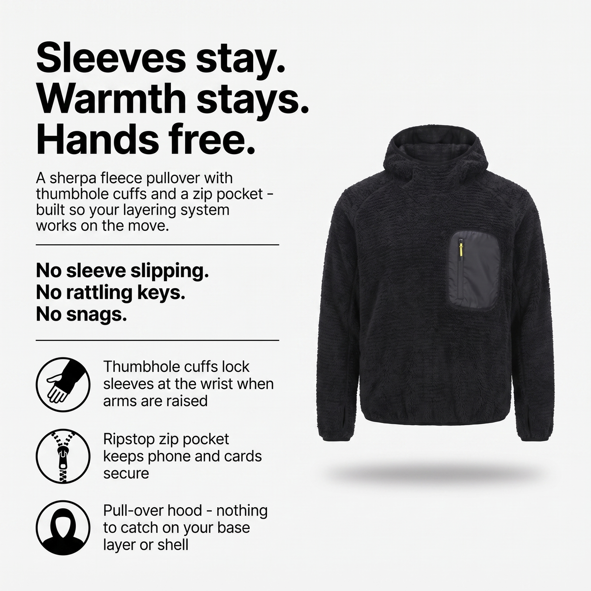 Fleece-Hoodie – Sherpa-Pullover mit Kapuze und Reißverschlusstasche