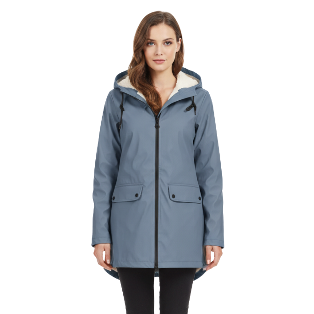 Damenmantel mit Fleece-Futter und Kapuze – Warme Winter-Regenjacke