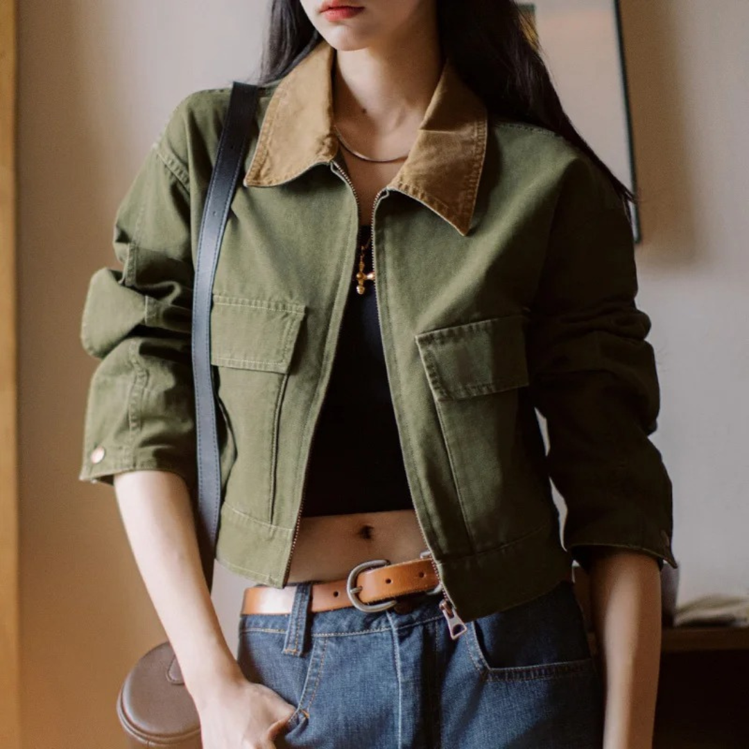 Jacke Damen Grün aus Baumwolle mit Cordkragen & Vintage Patchwork – Cambridge Canvas Jacket