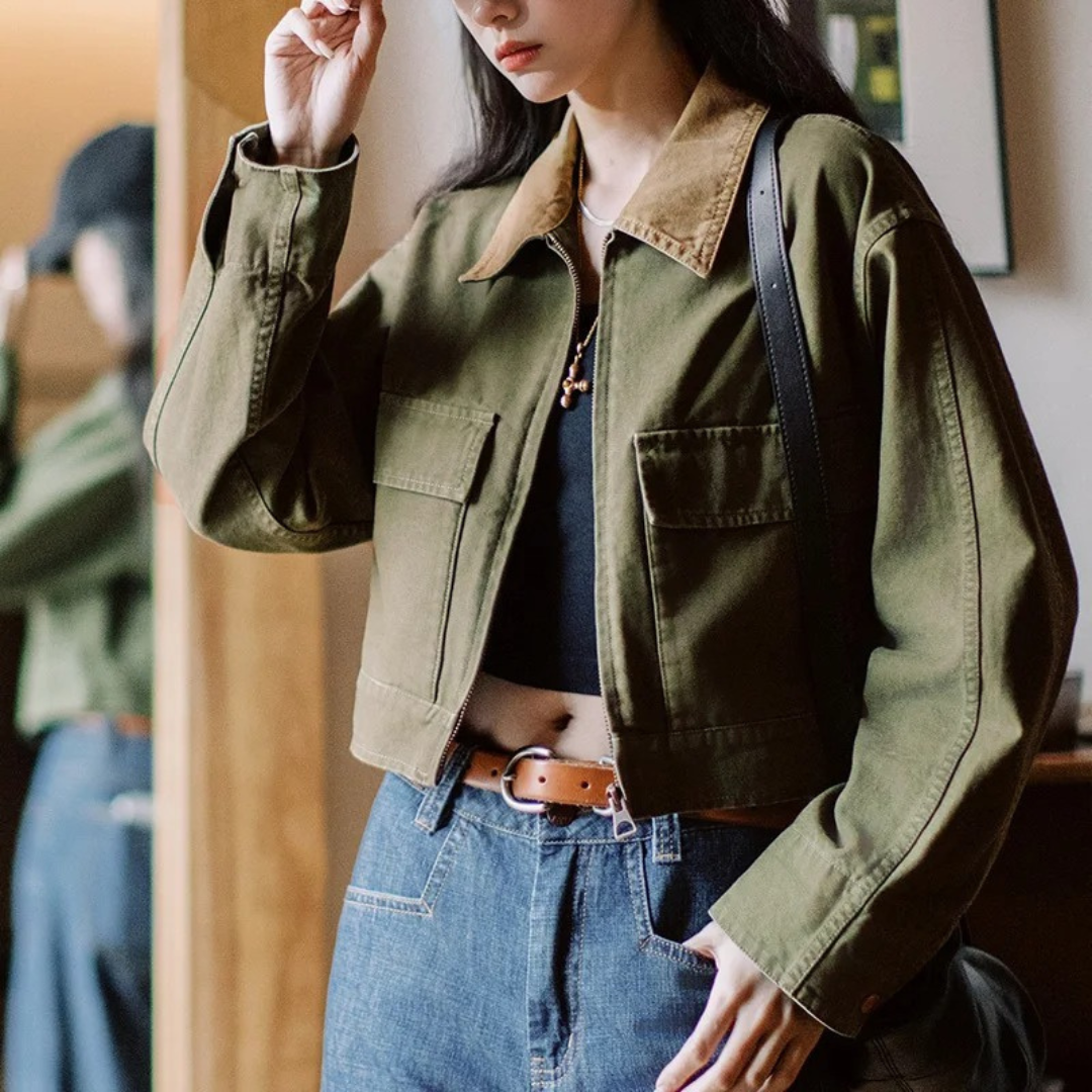 Jacke Damen Grün aus Baumwolle mit Cordkragen & Vintage Patchwork – Cambridge Canvas Jacket