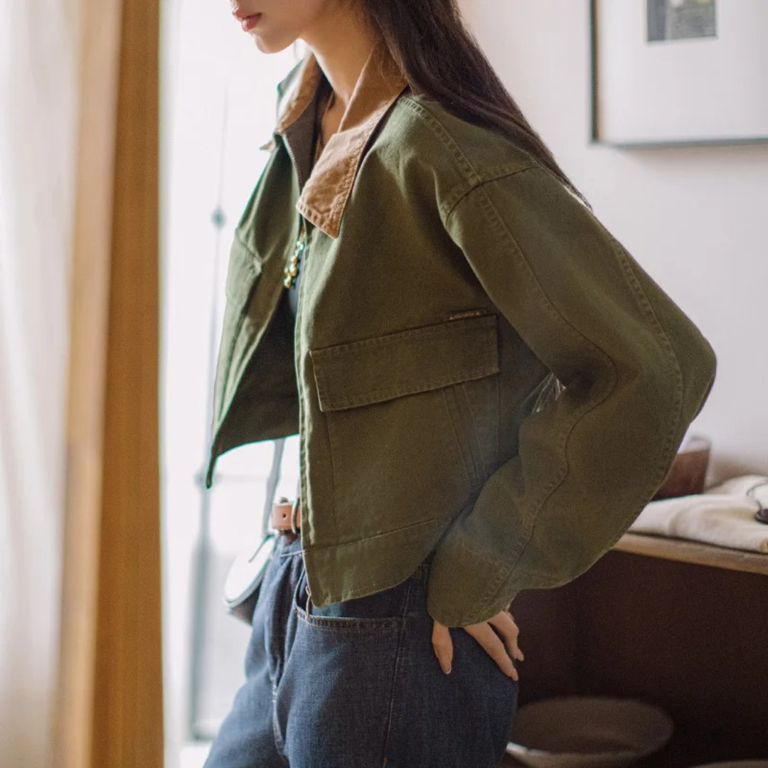 Jacke Damen Grün aus Baumwolle mit Cordkragen & Vintage Patchwork – Cambridge Canvas Jacket