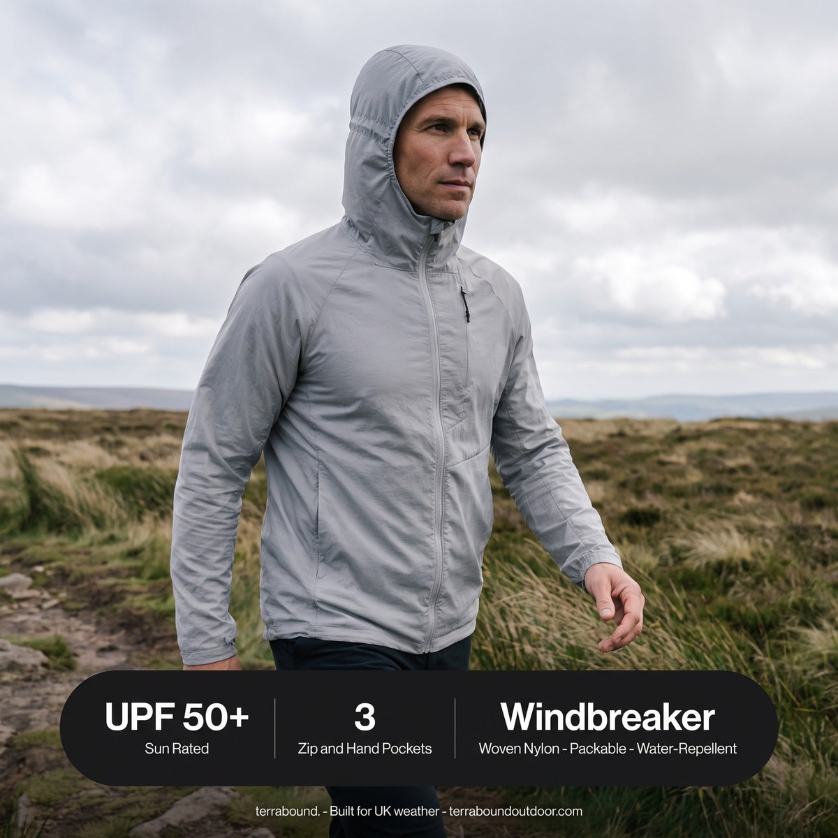 Herren Windbreaker leicht – packbare Jacke mit Kapuze, UPF 50+