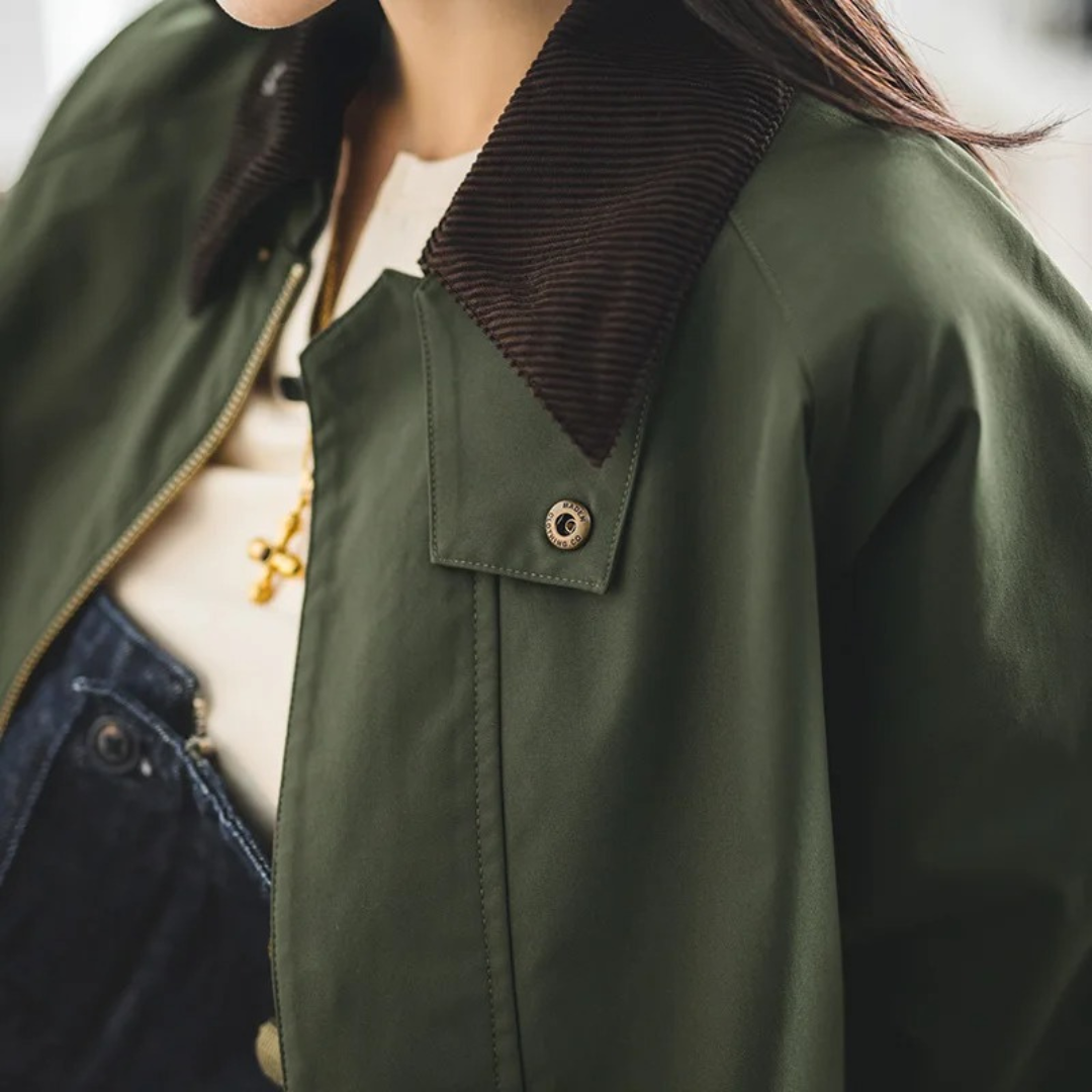 Jacke Damen Retro Grün mit Cordkragen & Reißverschluss – Highland Barn Jacket