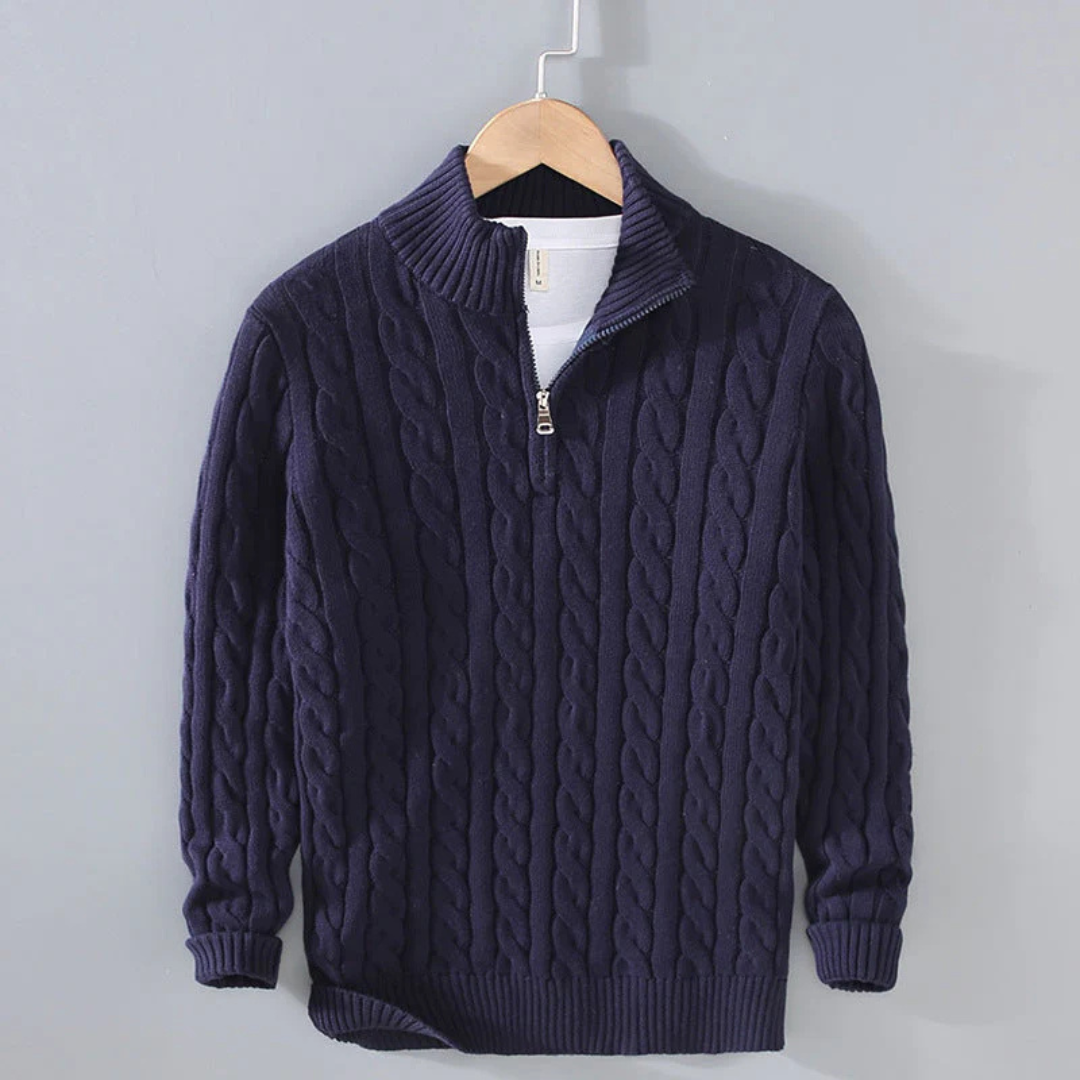 Pullover mit Zopfmuster & Stehkragen-Reißverschluss 100% Cotton – NordicClassic Knit