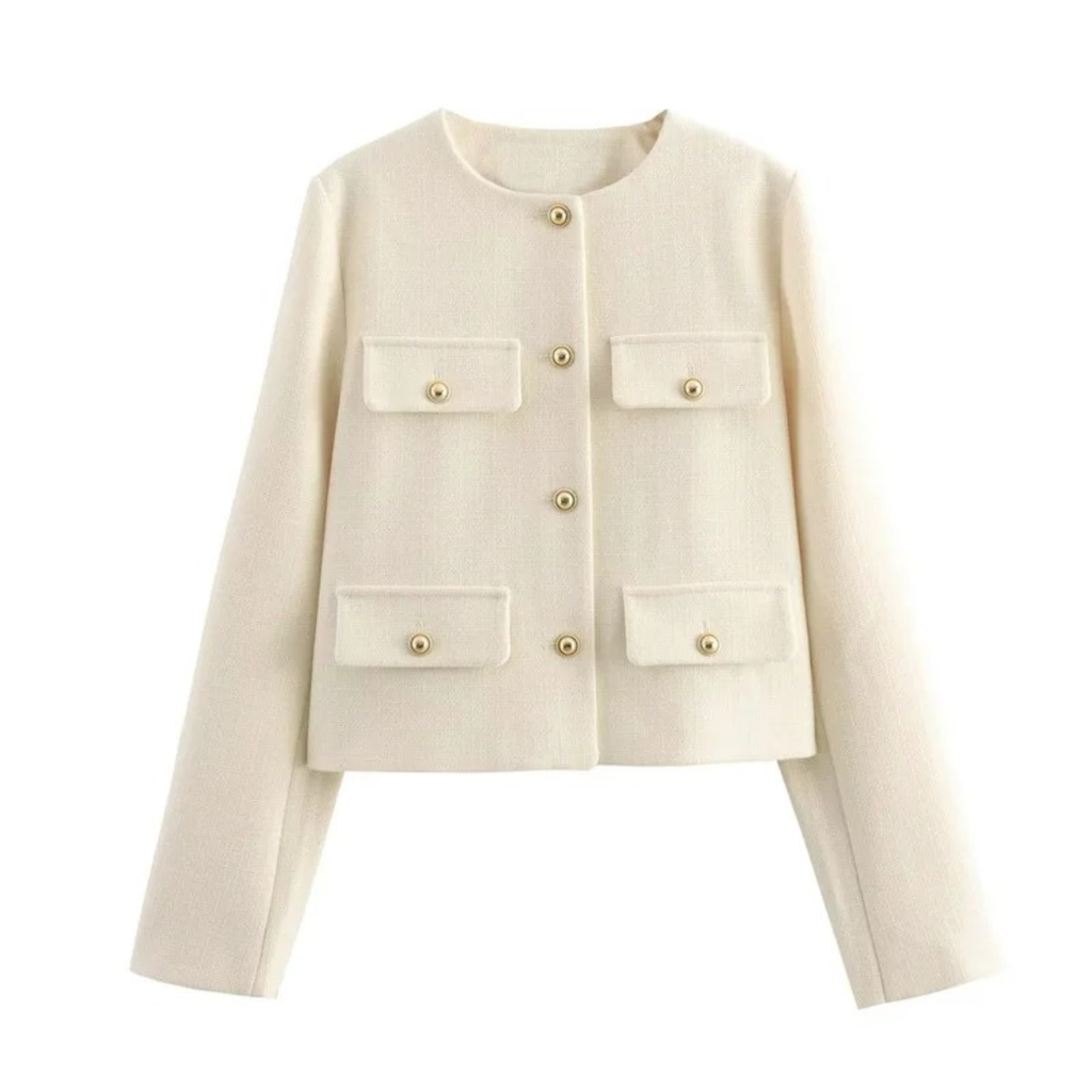 Damen Cropped Bouclé-Tweed-Jacke – Eleganter Cardigan-Blazer mit Goldknöpfen