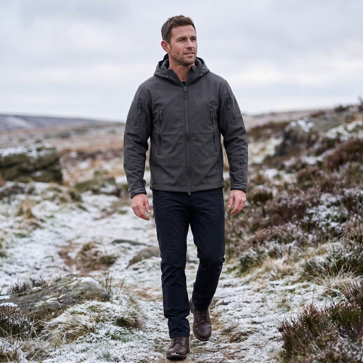 Herren Softshelljacke – Fleece-gefüttert, Kapuze, Militärstil