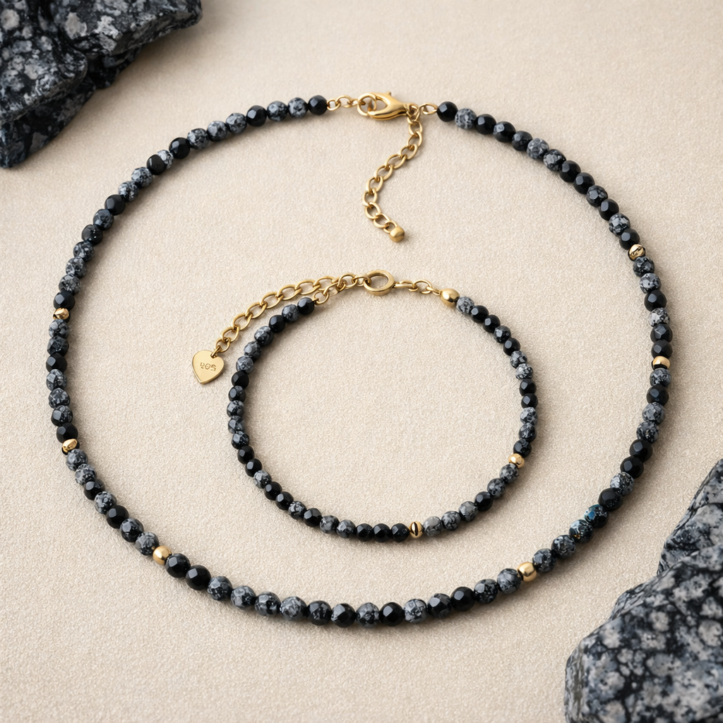 Schneeflocken Obsidian Set - Halskette & Armband