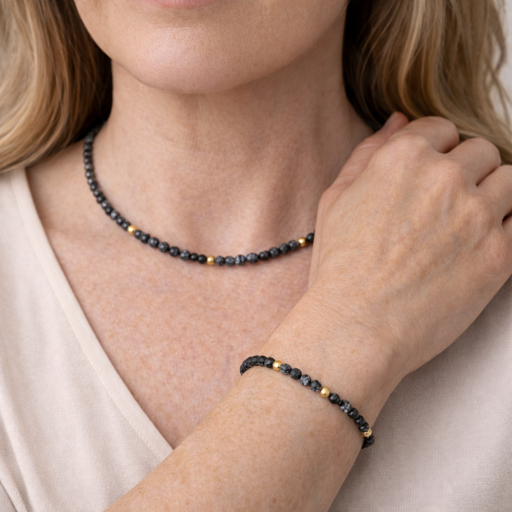 Schneeflocken Obsidian Set - Halskette & Armband
