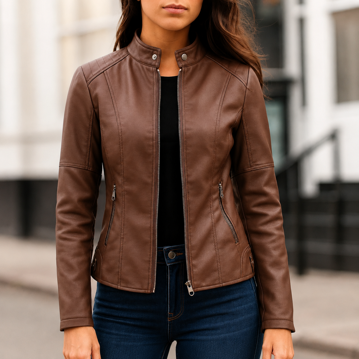 Kunstlederjacke Damen – Figurbetonte Jacke mit Stehkragen & Reißverschluss | Eleganza Jacket