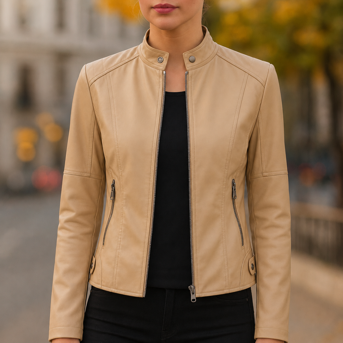 Kunstlederjacke Damen – Figurbetonte Jacke mit Stehkragen & Reißverschluss | Eleganza Jacket