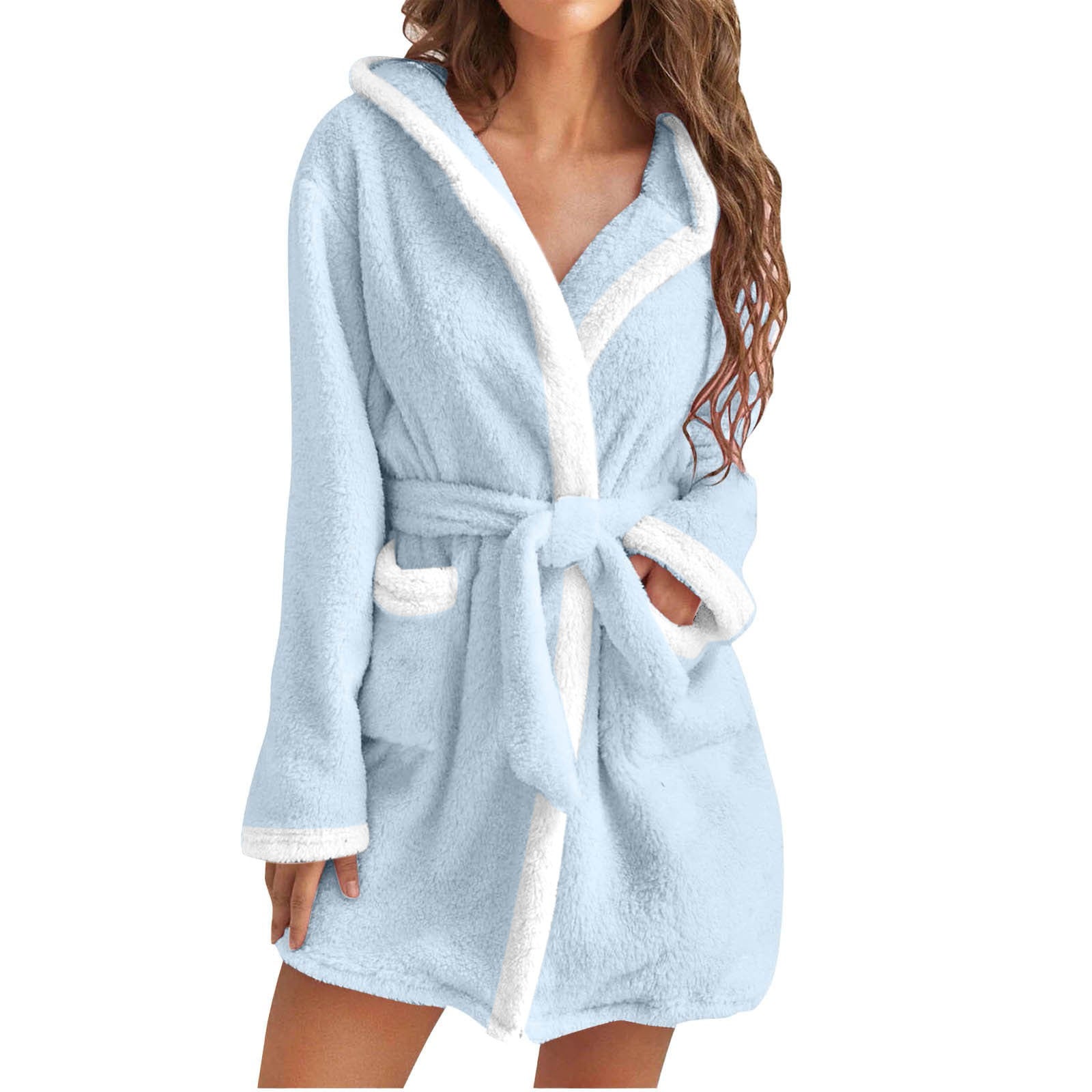 Damen kuscheliger Fleece-Bademantel mit Kapuze und Taschen Clinbands