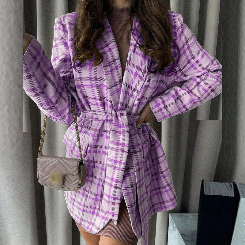 Damen Eleganter Karo-Bademantel mit Gürtel und Taschen Clinbands