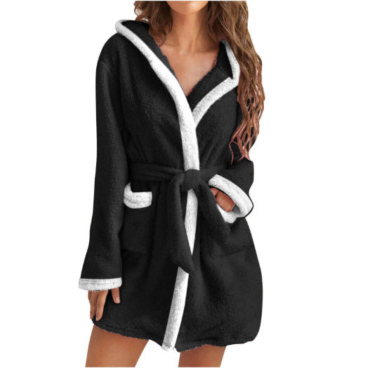 Damen kuscheliger Fleece-Bademantel mit Kapuze und Taschen Clinbands