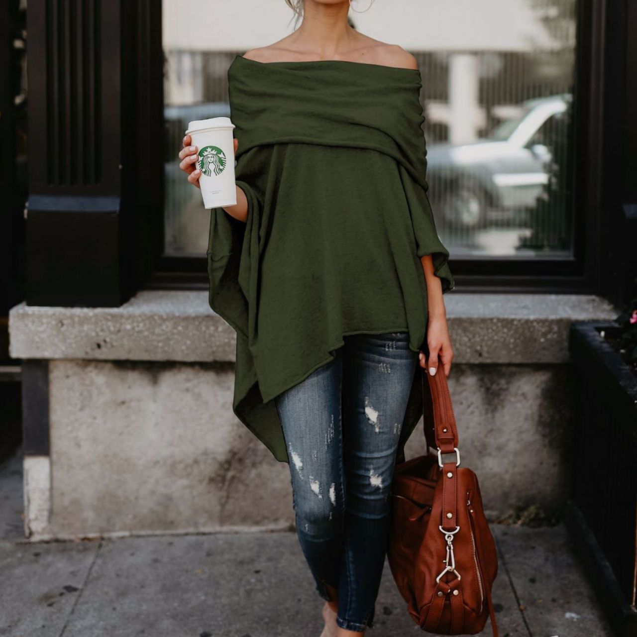 Damen lässiger Poncho mit asymmetrischem Saum Clinbands