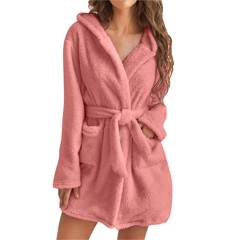 Damen Kuscheliger Fleece-Bademantel mit Kapuze und Gürtel Clinbands