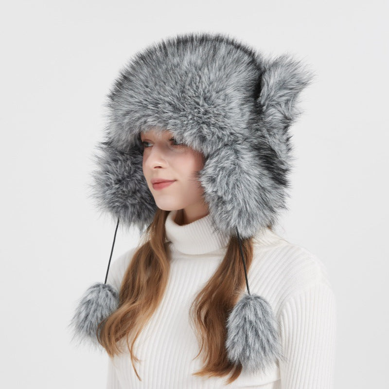 Damen Kuschelige Fellmütze mit Ohrenschutz und Bommel Clinbands