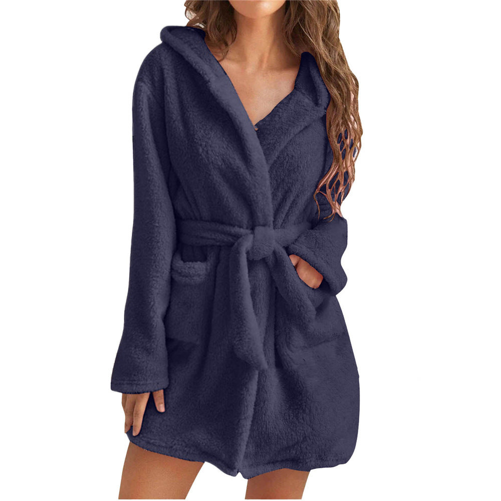 Damen Fleece Bademantel mit Kapuze und Gürtel Clinbands