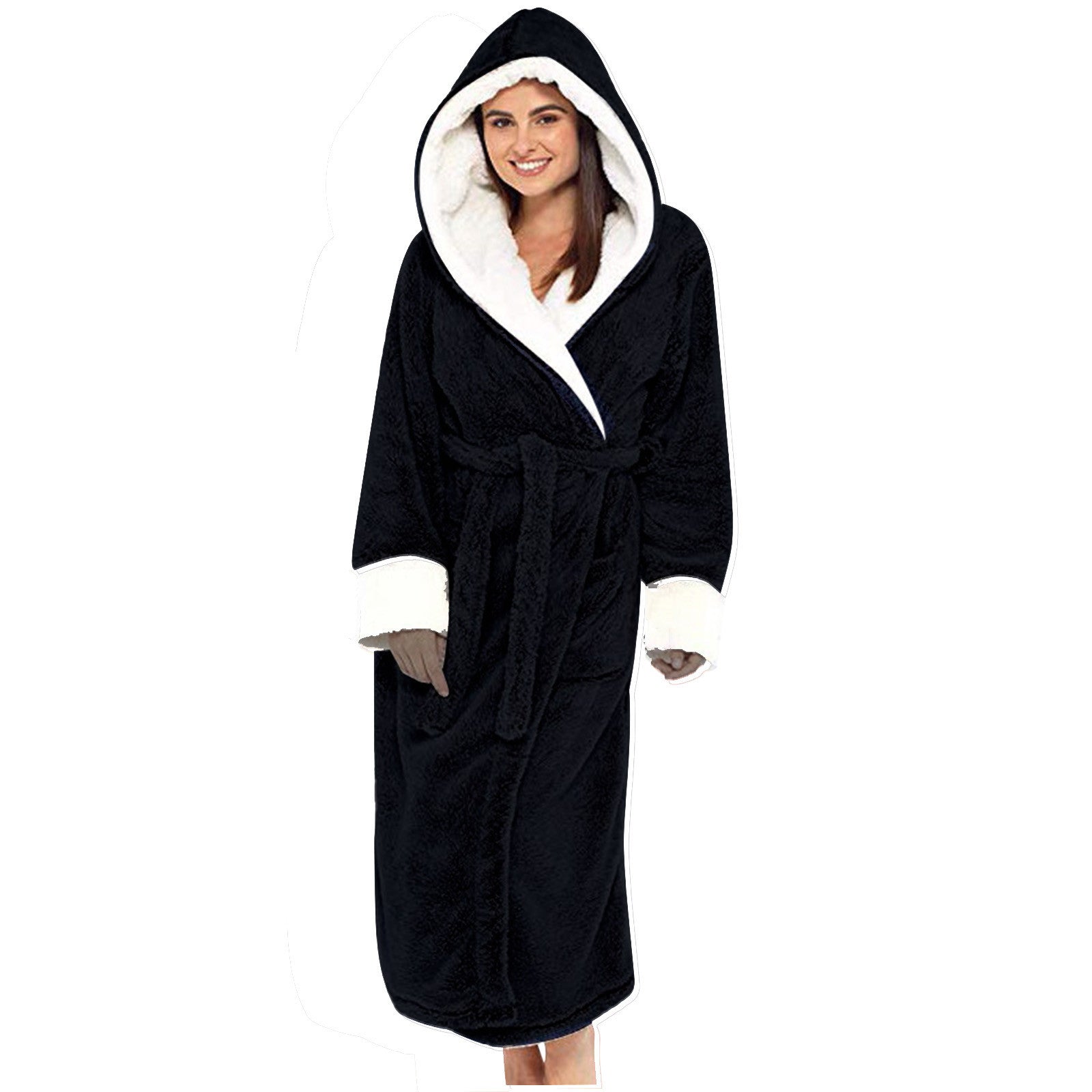 Damen Kuscheliger Fleece-Morgenmantel mit Kapuze und Gürtel Clinbands
