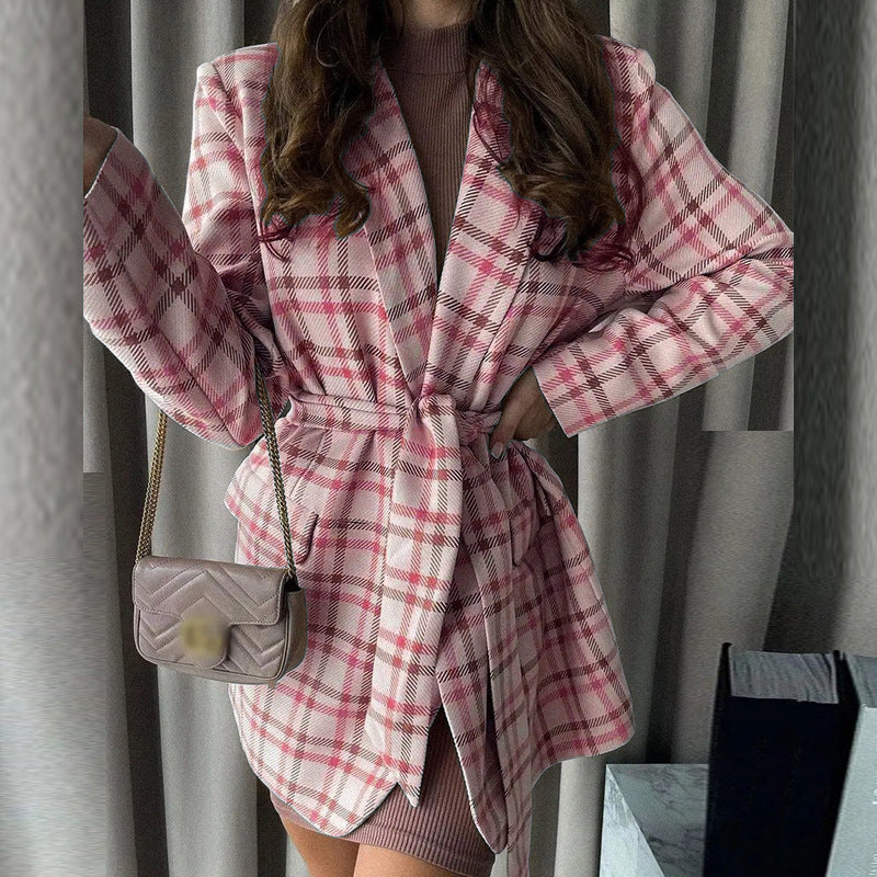 Damen Eleganter Karo-Bademantel mit Gürtel und Taschen Clinbands