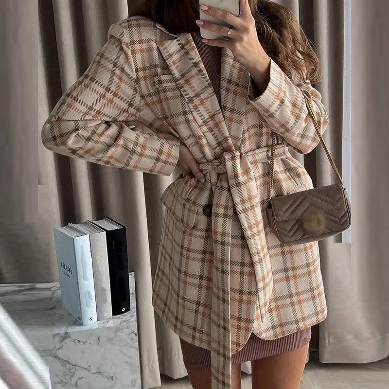 Damen Eleganter Karo-Bademantel mit Gürtel und Taschen Clinbands
