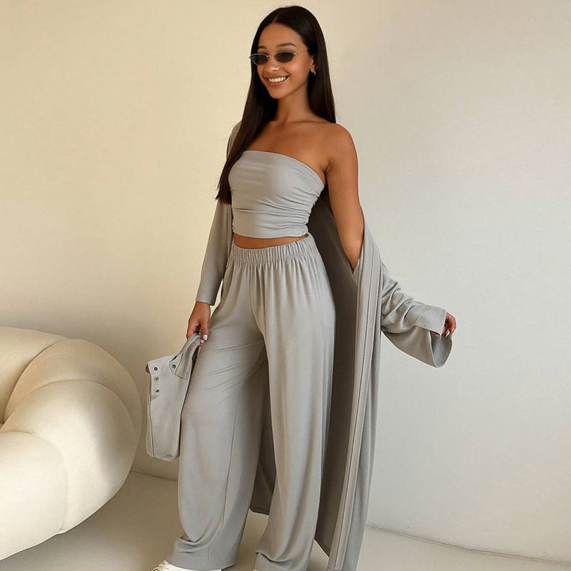 Damen elegantes 3-teiliges Set mit weitem Hosen und tailliertem Oberteil Clinbands