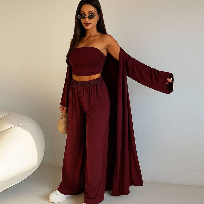 Damen elegantes 3-teiliges Set mit weitem Hosen und tailliertem Oberteil Clinbands