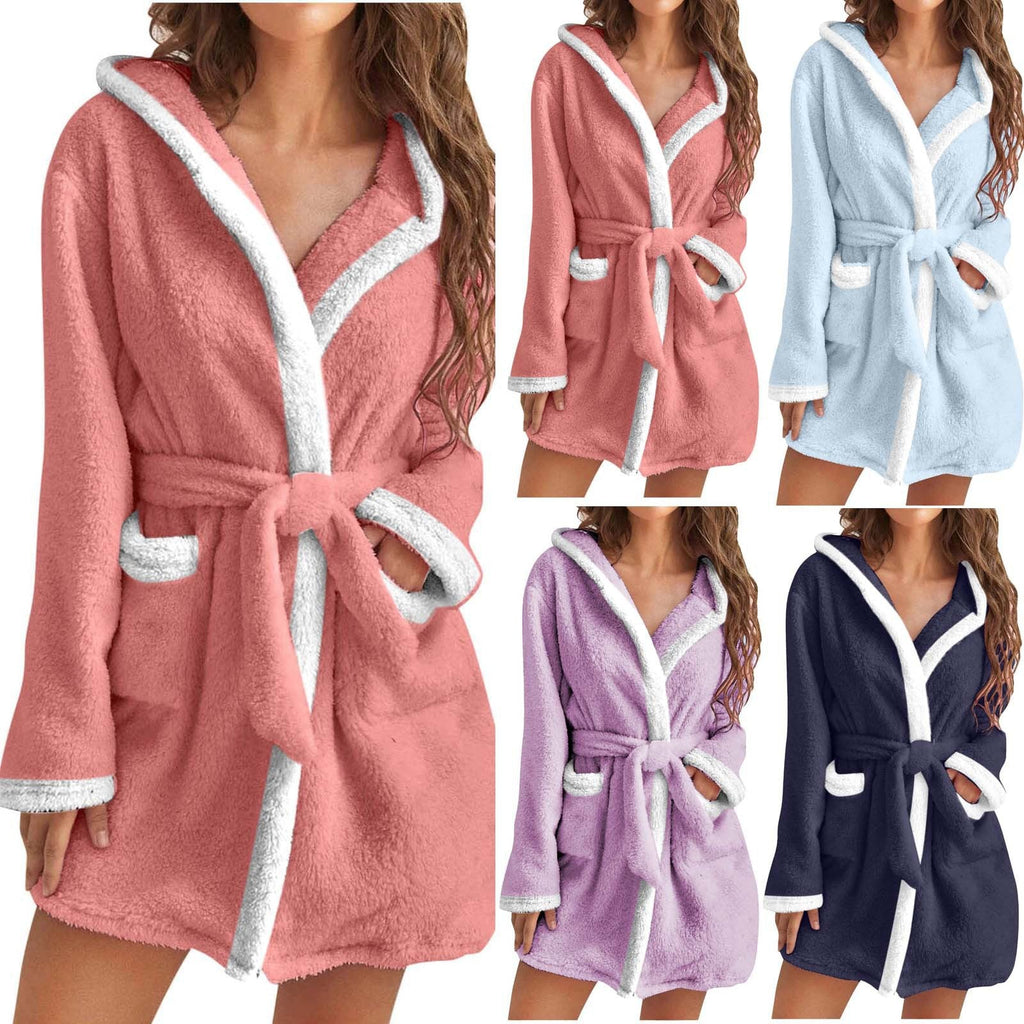 Damen kuscheliger Fleece-Bademantel mit Kapuze und Taschen Clinbands
