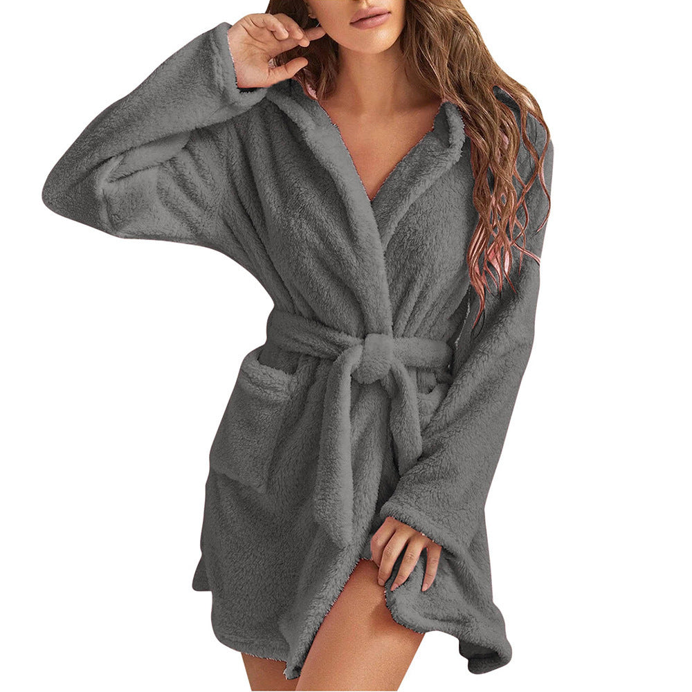 Damen Kuscheliger Fleece-Bademantel mit Kapuze und Gürtel Clinbands