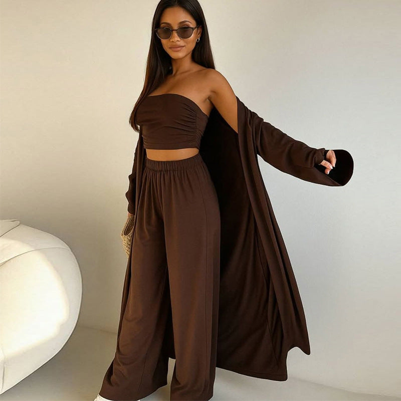 Damen elegantes 3-teiliges Set mit weitem Hosen und tailliertem Oberteil Clinbands