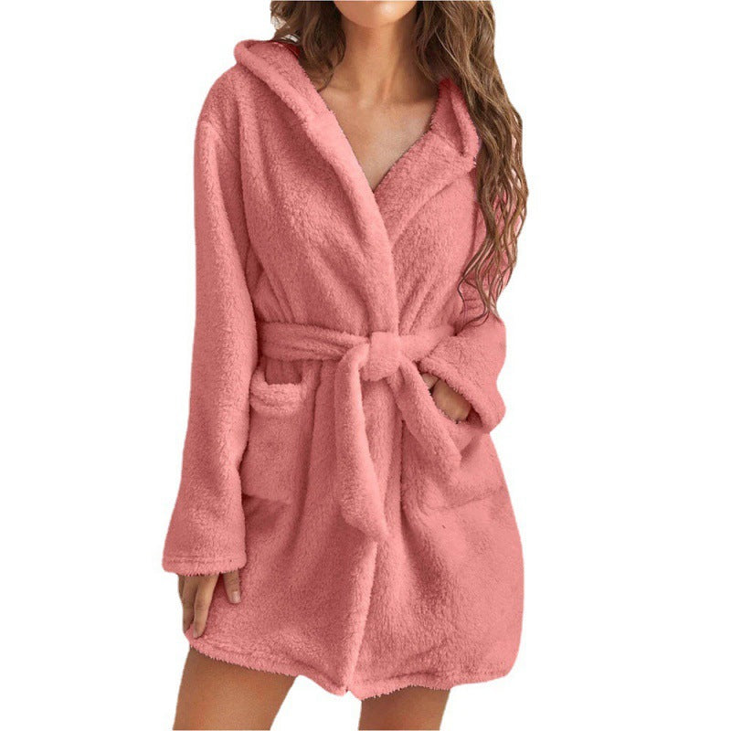 Damen Kuscheliger Fleece-Bademantel mit Kapuze und Taillengürtel Clinbands