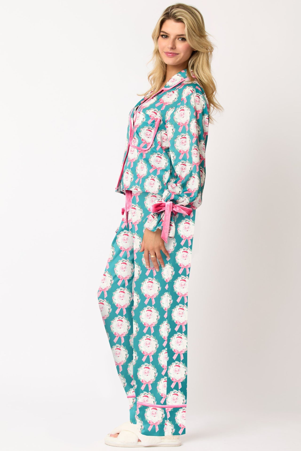 Damen luxuriöses Satin-Pyjama-Set mit niedlichem Nutcracker-Motiv Clinbands