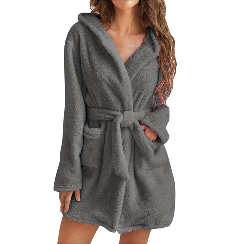 Damen Kuscheliger Fleece-Bademantel mit Kapuze und Taillengürtel Clinbands