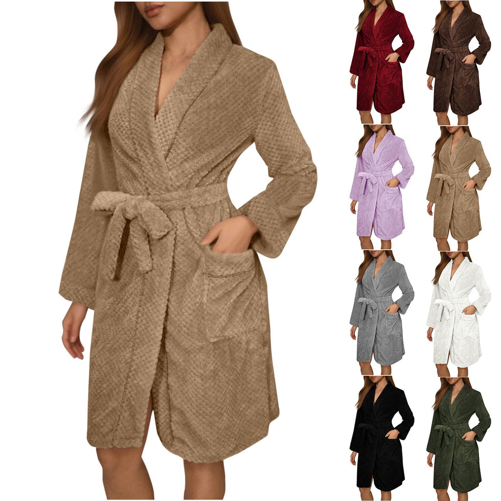 Damen Kuscheliger Bademantel mit Gürtel und Taschen Clinbands