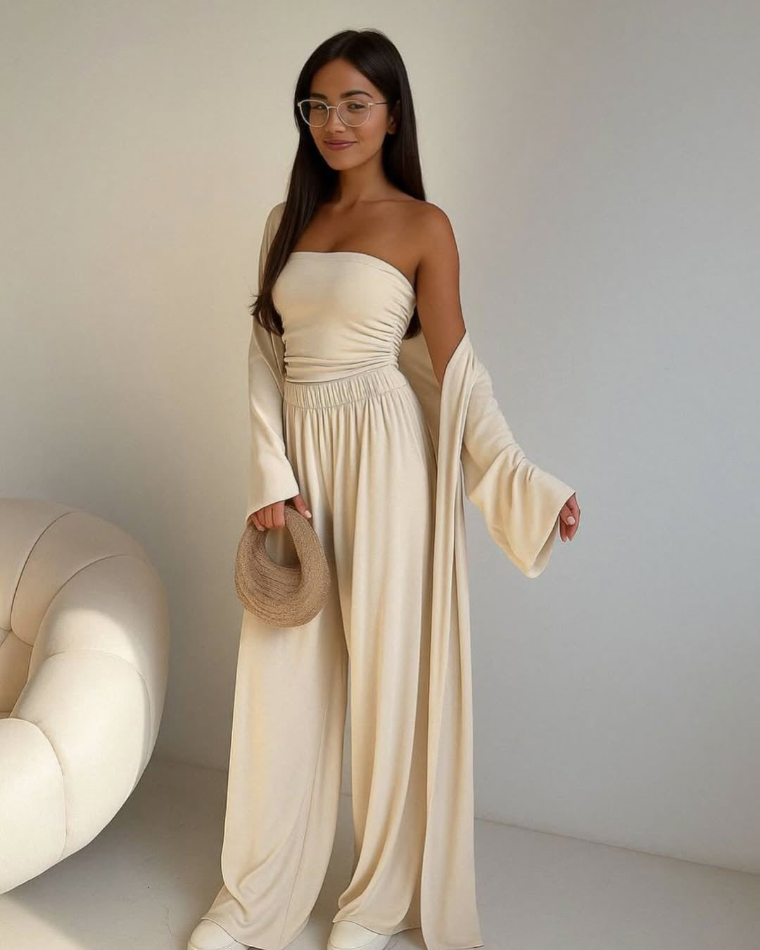 Damen elegantes 3-teiliges Set mit weitem Hosen und tailliertem Oberteil Clinbands