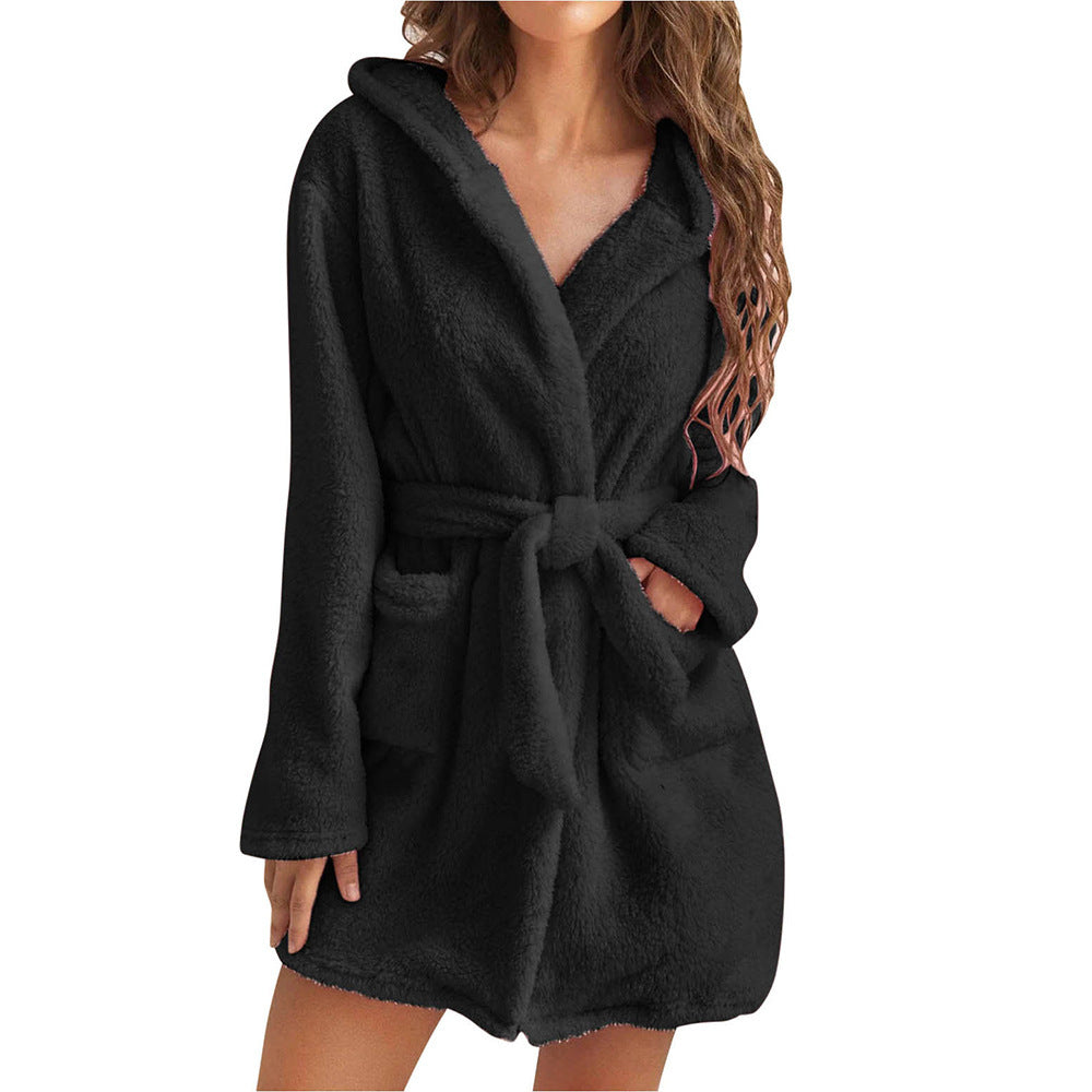 Damen Fleece Bademantel mit Kapuze und Gürtel Clinbands