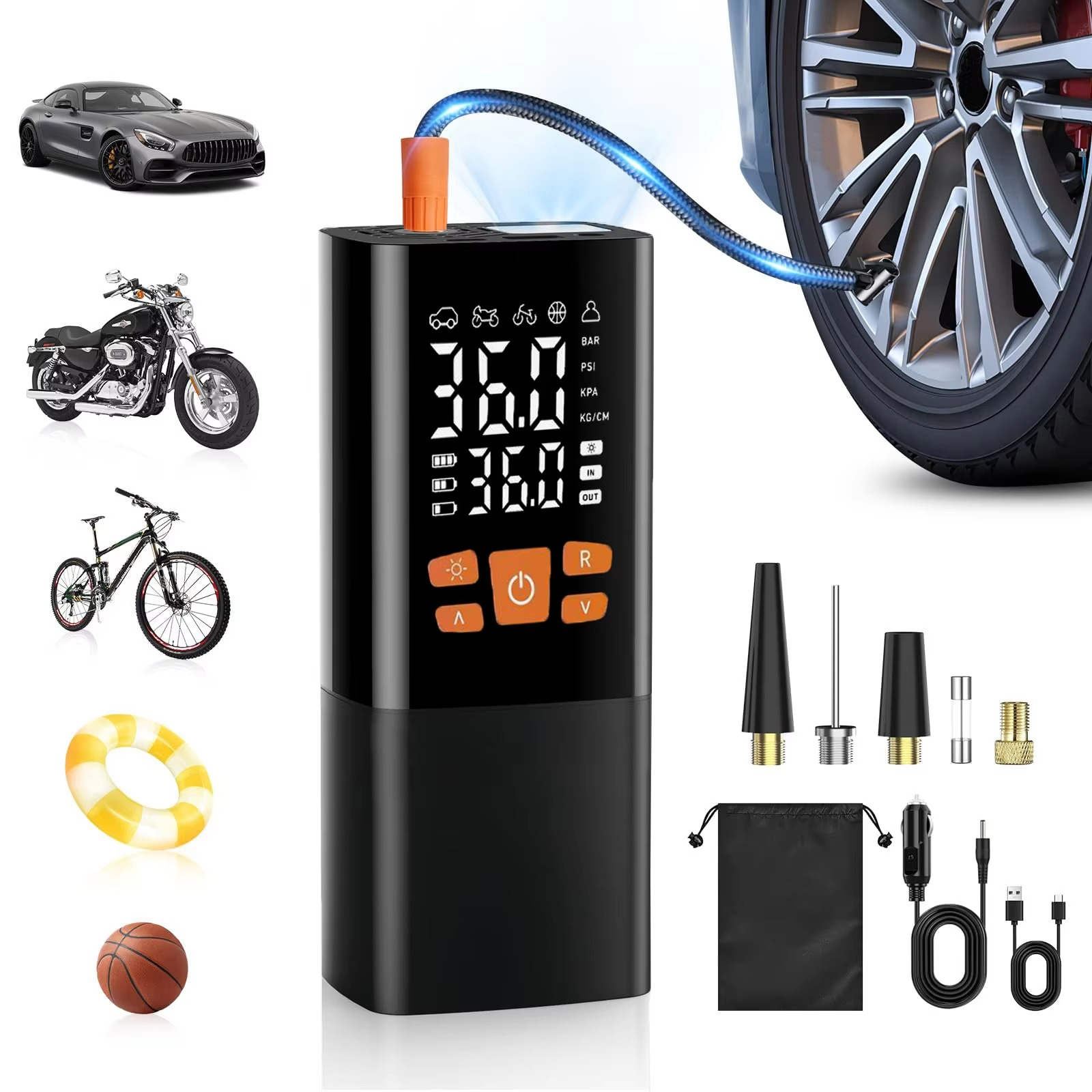 kaufsy | Tragbarer Reifenfüller Luftkompressor, 180 PSI Wiederaufladbare Pumpe mit 25000mAh Akku