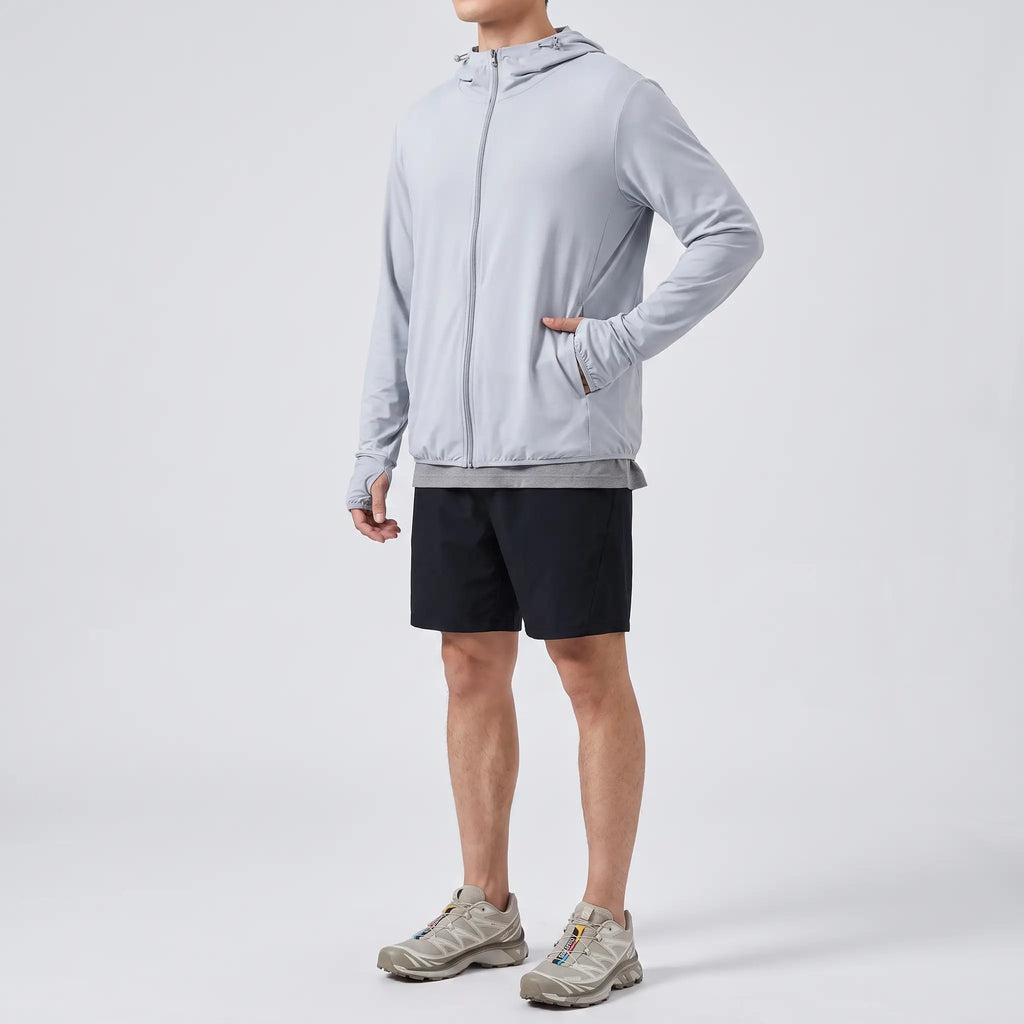 Herren Sonnenhoodie mit durchgehendem Reißverschluss – UPF 50+ belüftete Wander- und Angeljacke