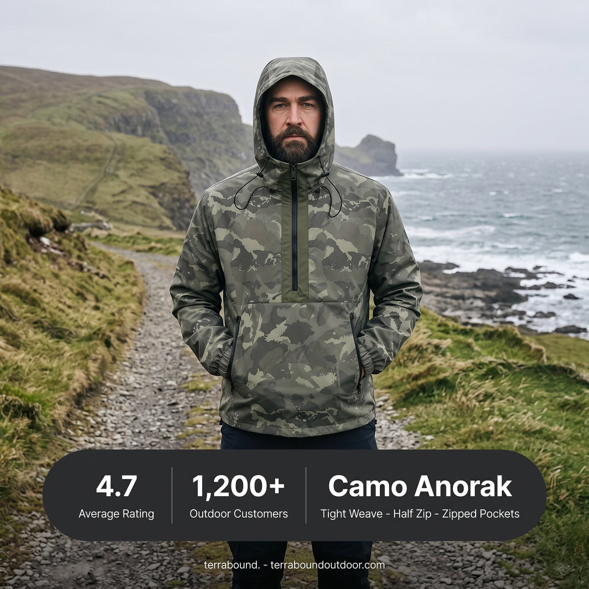 Herren Camo-Windbreaker – leichter Anorak mit Kapuze, Halbreißverschluss