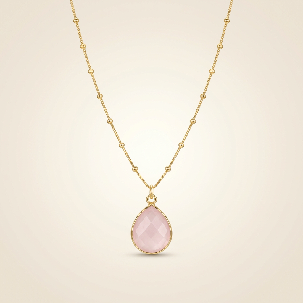 Rosenquarz Halskette - Medallion Tropfenform