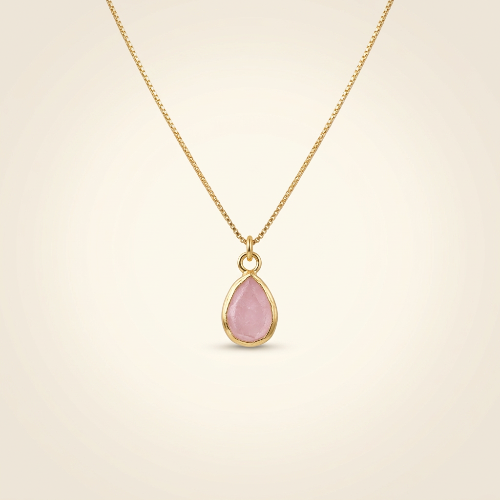 Rosenquarz Halskette mit 14 K Goldkette