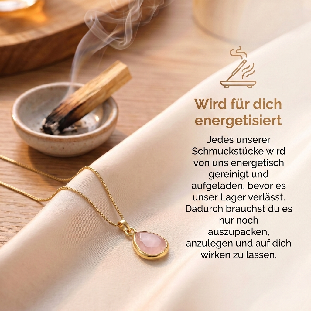 Rosenquarz Halskette mit 14 K Goldkette