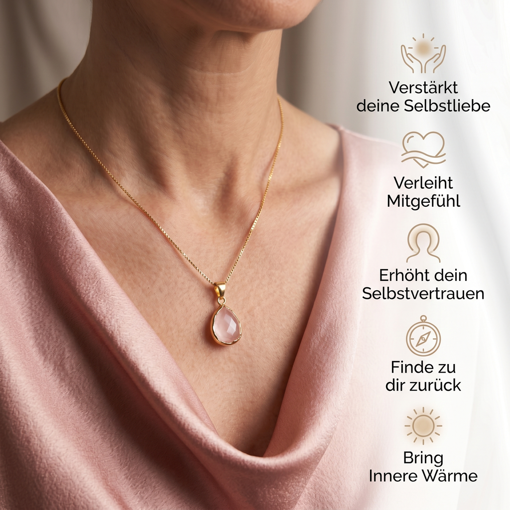Rosenquarz Halskette mit 14 K Goldkette