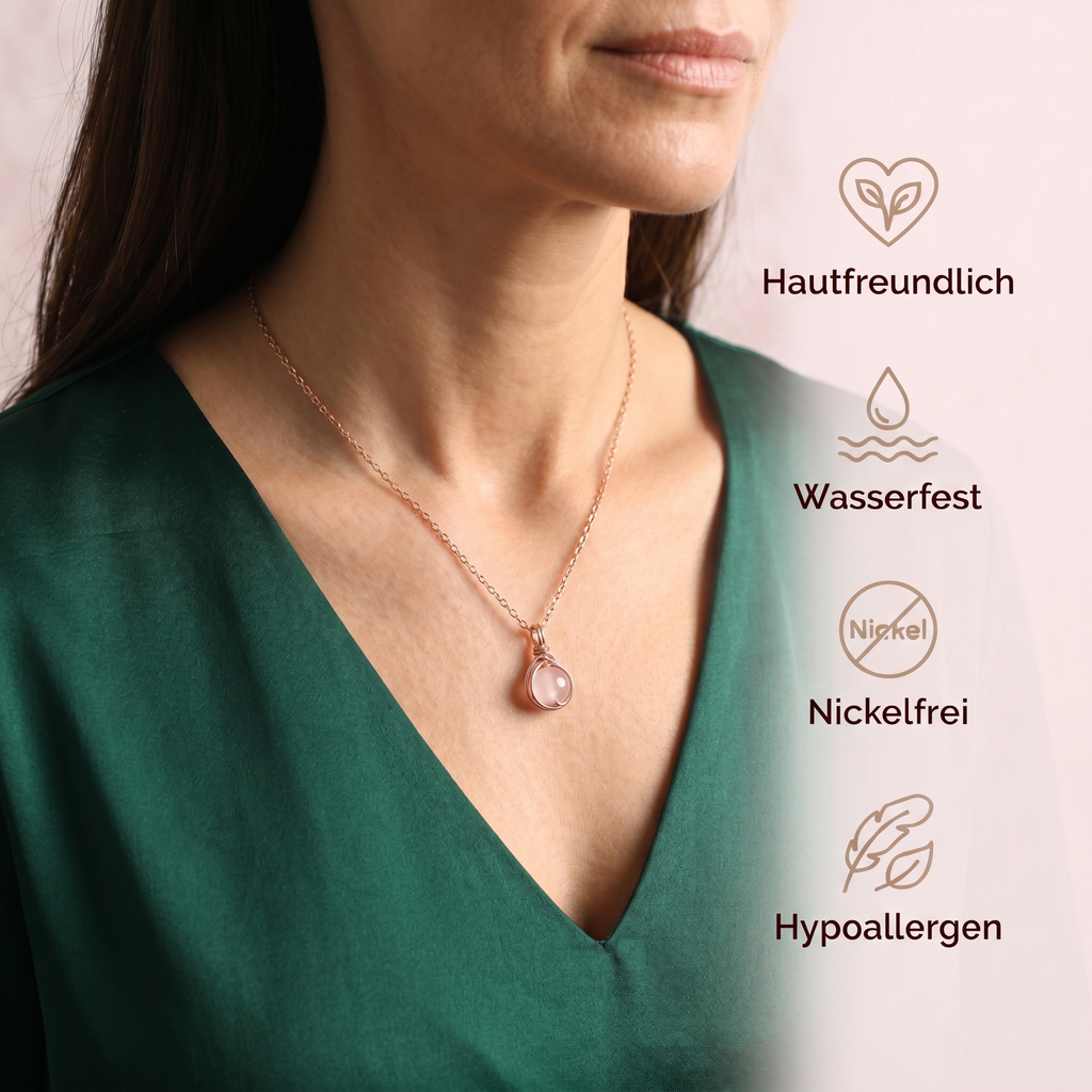Rosenquarz Halskette - Drahtmedallion Rund